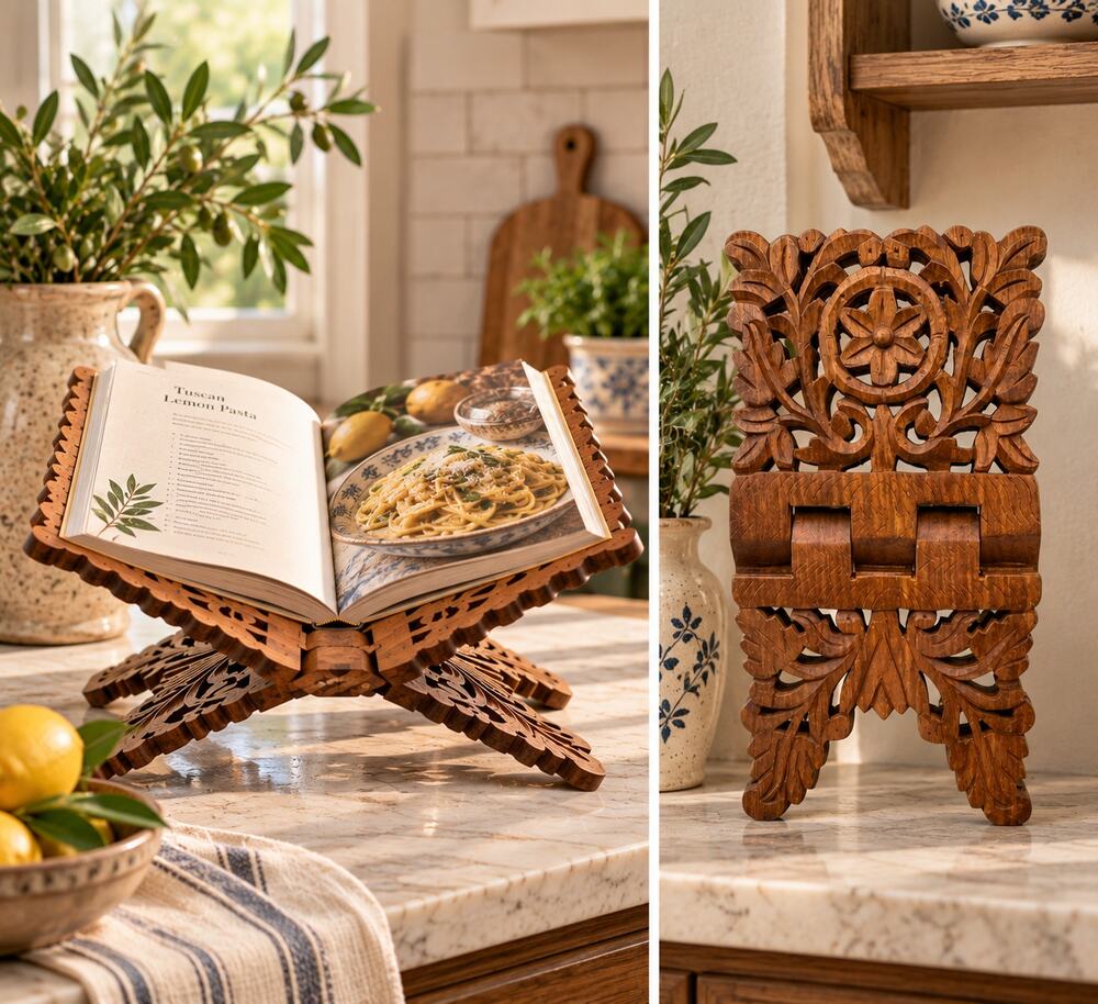 Vintage Hand Carved Sheesham Wood Folding Book Stand Rehal Quran Holder India